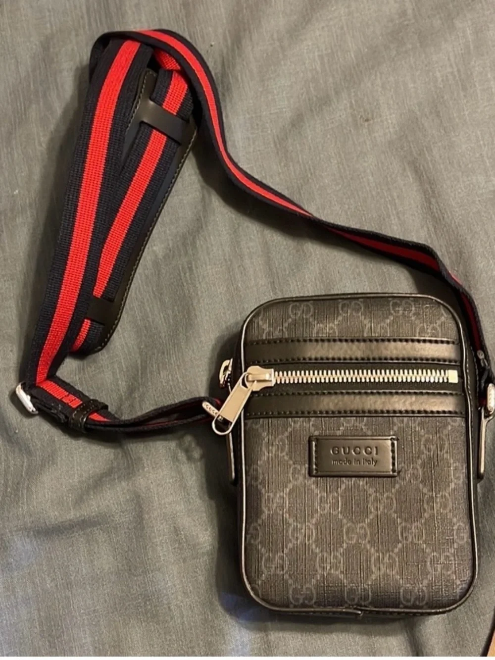 Gucci Black GG Supreme Crossbody Bag with Red-Black Strap
